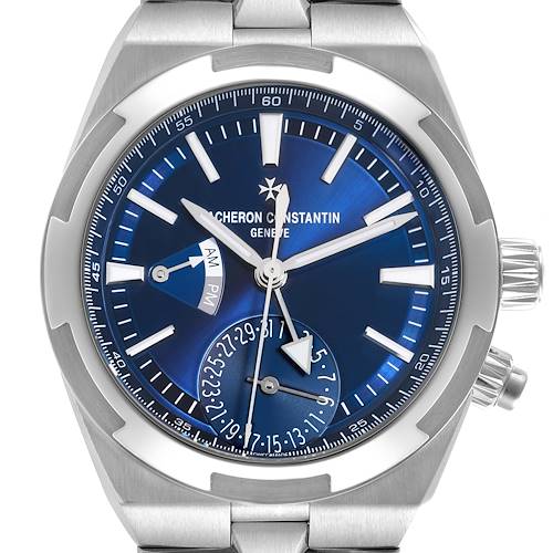 The Vacheron Constantin Overseas 7900V/110A-B334 Men's Stainless Steel Blue Dial 7900V/110A-B334 Men's Stainless Steel Blue Dial watch is shown from the front, highlighting its blue dial, markers, and silver-tone case and bracelet.