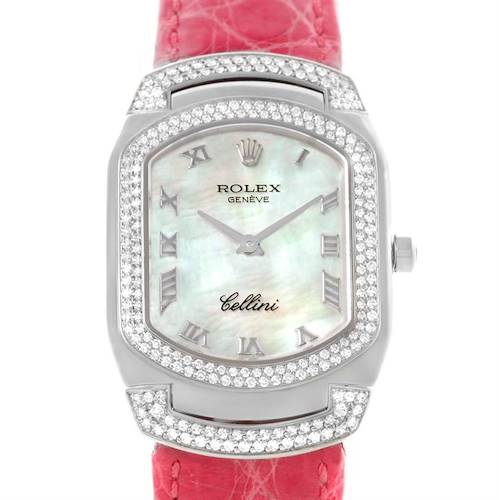 The Rolex Cellini 6691 Women's White Gold Mother of Pearl Dial 6691 Women's White Gold Mother of Pearl Dial watch is shown from a front angle, highlighting the dial, bezel, case, and a portion of the strap.