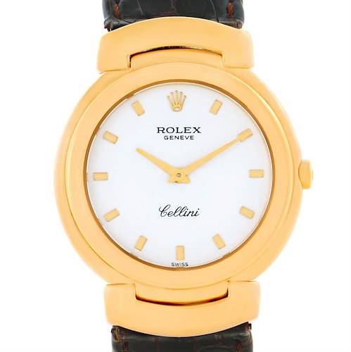 This image shows a front view of a Rolex Cellini 6622 Women's Yellow Gold White Dial 6622 Women's Yellow Gold White Dial watch, highlighting its dial, bezel, hands, and part of the strap.
