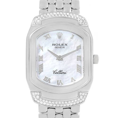 The image shows a front view of a Rolex Cellini 6692 Women's White Gold Mother of Pearl Dial 6692 Women's White Gold Mother of Pearl Dial watch, highlighting its face, dial, and part of the bracelet.
