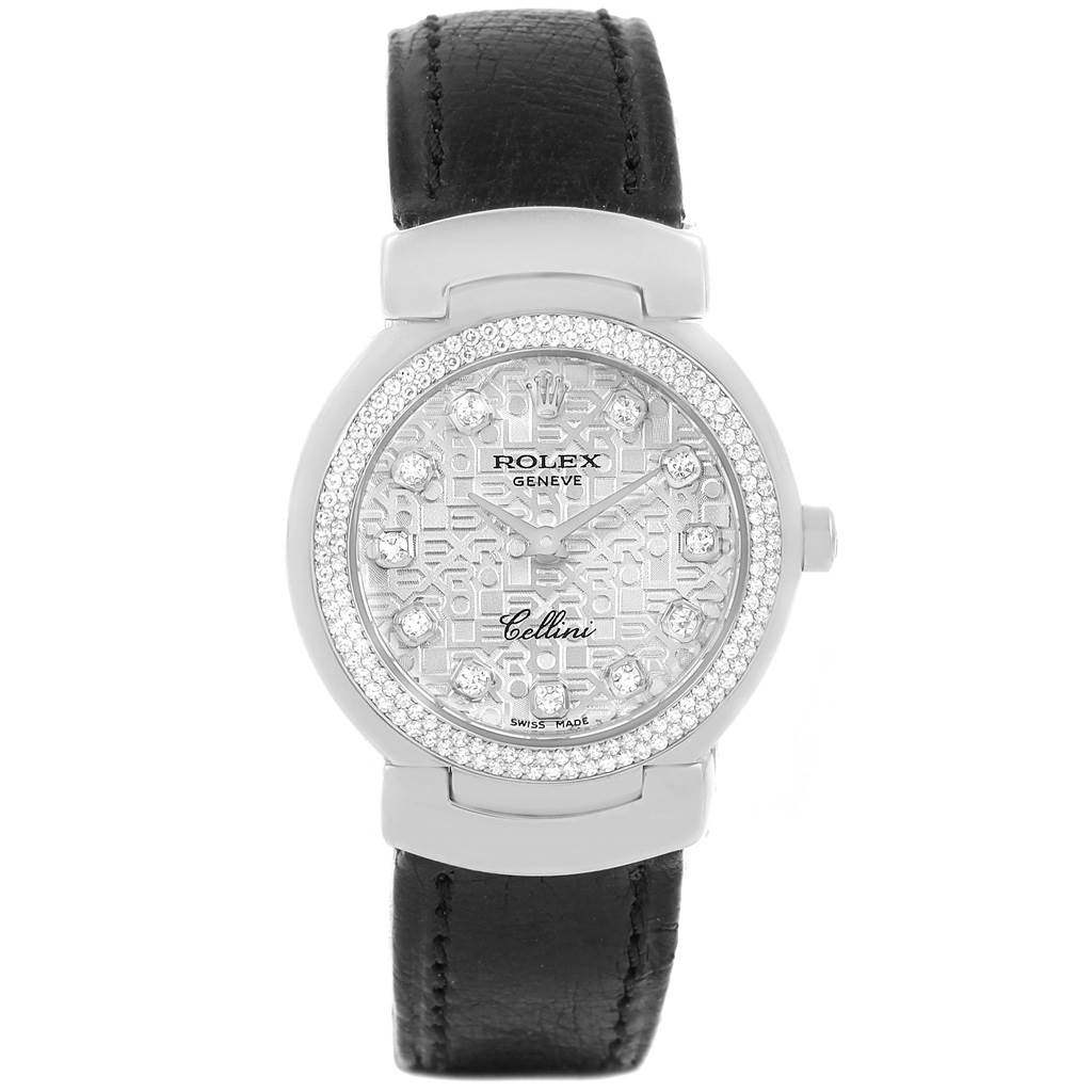 The image shows a front view of a Rolex Cellini 6671 Women's White Gold Silver Dial 6671 Women's White Gold Silver Dial watch, highlighting its face, bezel, dial, and leather strap.