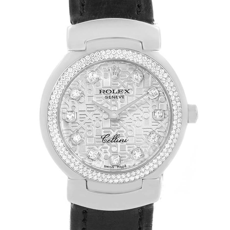 This image shows a front view of a Rolex Cellini 6671 Women's White Gold Silver Dial 6671 Women's White Gold Silver Dial watch, highlighting its dial, bezel, and a portion of its leather strap.