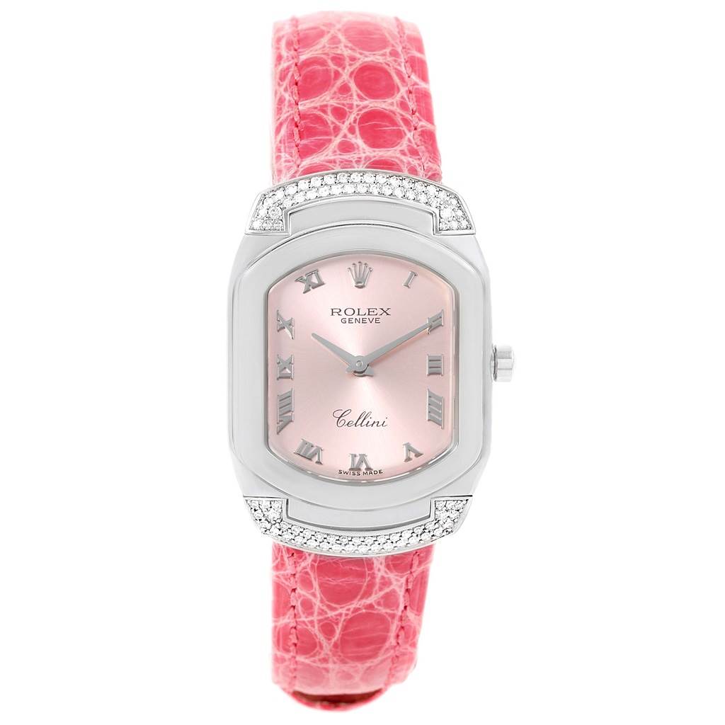 The image shows a Rolex Cellini 6692 Women's White Gold Pink Dial 6692 Women's White Gold Pink Dial watch with a pink face, roman numerals, diamond accents, and a pink leather strap from a front view.