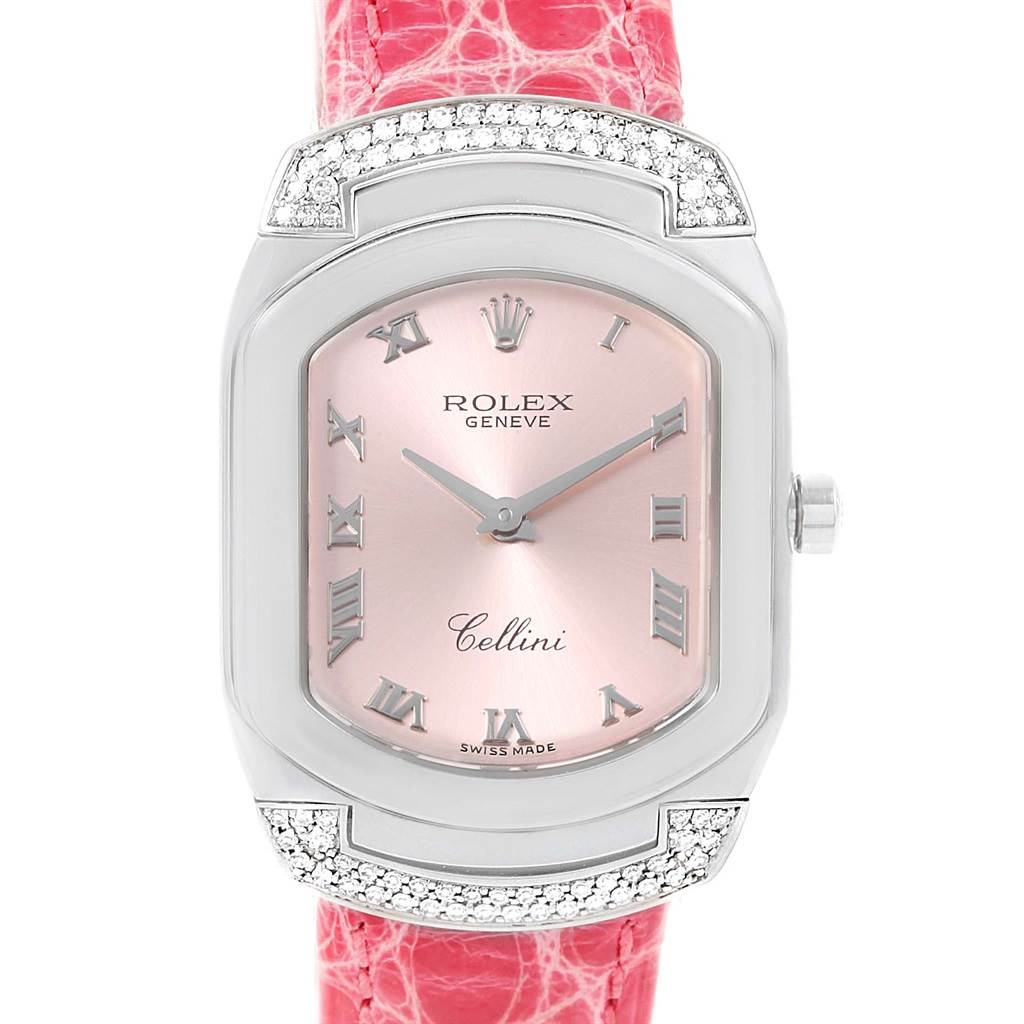 The image shows a front view of a Rolex Cellini 6692 Women's White Gold Pink Dial 6692 Women's White Gold Pink Dial watch with a pink dial and a red strap.