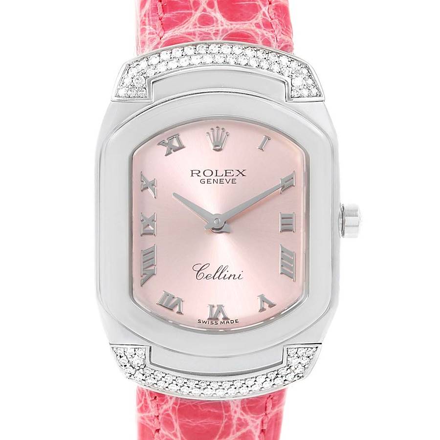 The image shows a front view of a Rolex Cellini 6692 Women's White Gold Pink Dial 6692 Women's White Gold Pink Dial watch with a pink dial and a red strap.