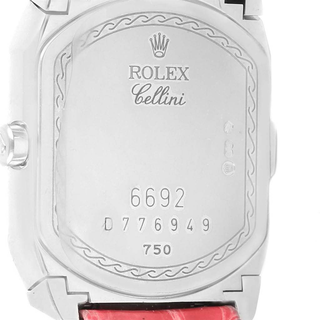 The image shows the back case of a Rolex Cellini 6692 Women's White Gold Pink Dial 6692 Women's White Gold Pink Dial watch, featuring its model and serial numbers.