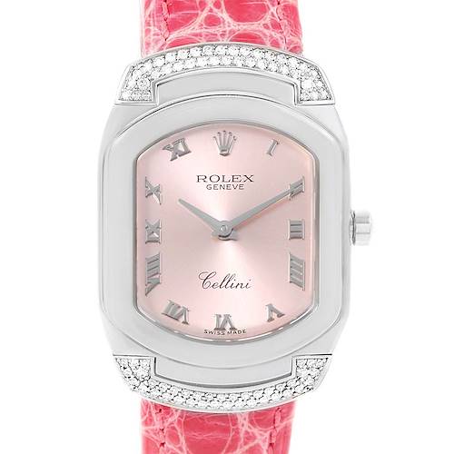 The image shows a front view of the Rolex Cellini 6692 Women's White Gold Pink Dial 6692 Women's White Gold Pink Dial watch, displaying its pink dial, Roman numerals, and red strap.