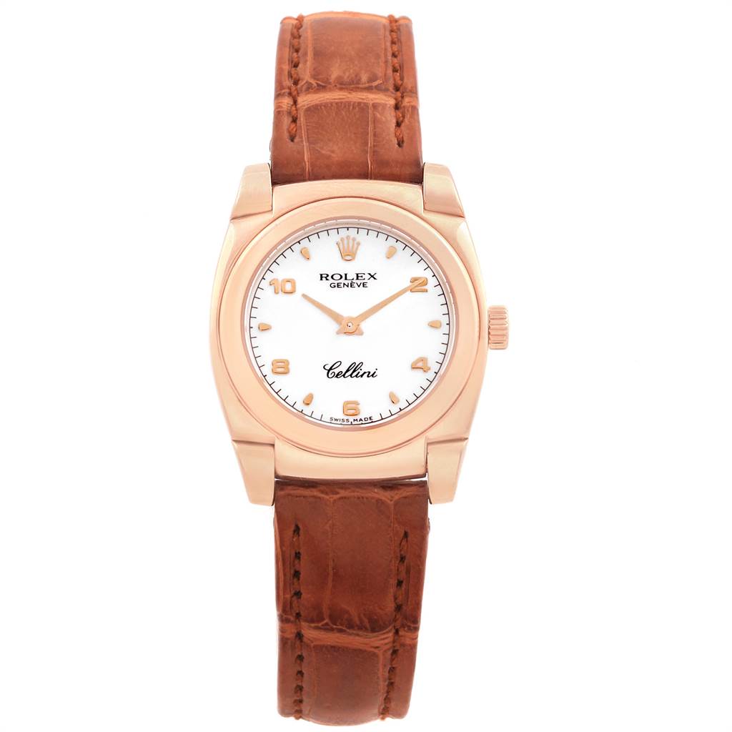 The image shows a front view of the Rolex Cellini 5310 Women's Rose Gold White Dial 5310 Women's Rose Gold White Dial watch, highlighting its dial, case, and brown leather strap.
