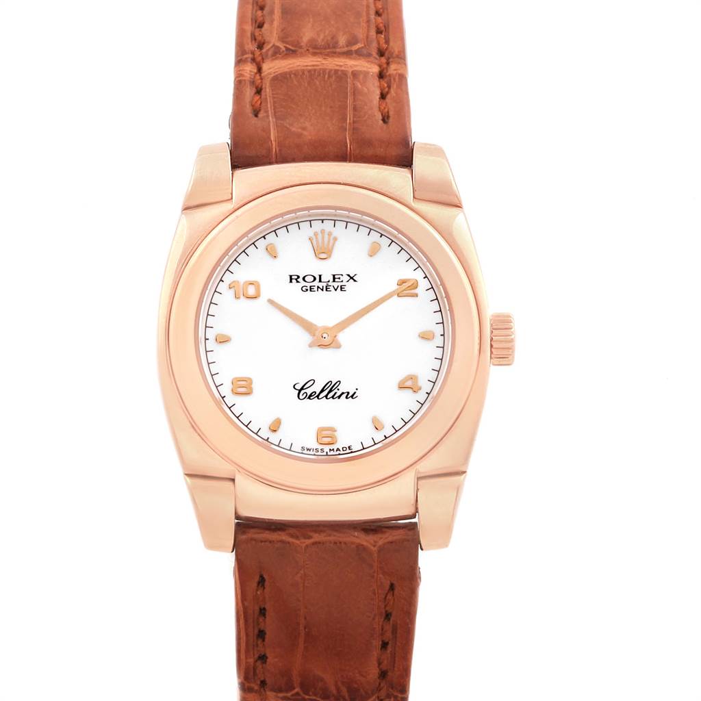 This image shows a front view of a Rolex Cellini 5310 Women's Rose Gold White Dial 5310 Women's Rose Gold White Dial watch, featuring its dial, bezel, crown, and leather strap.