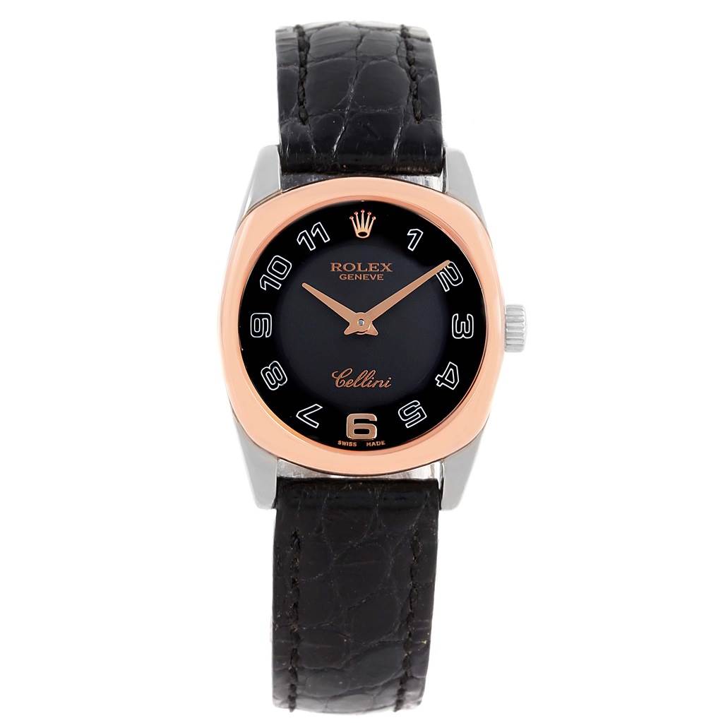 The image shows a front view of a Rolex Cellini 6229 Women's White Gold Black Dial 6229 Women's White Gold Black Dial watch with a black dial, rose gold bezel, and black leather strap.