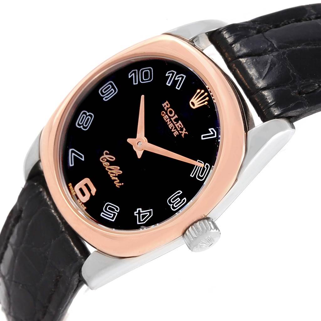 This Rolex Cellini 6229 Women's White Gold Black Dial 6229 Women's White Gold Black Dial watch is shown at an angle displaying the face, crown, and part of the leather strap.
