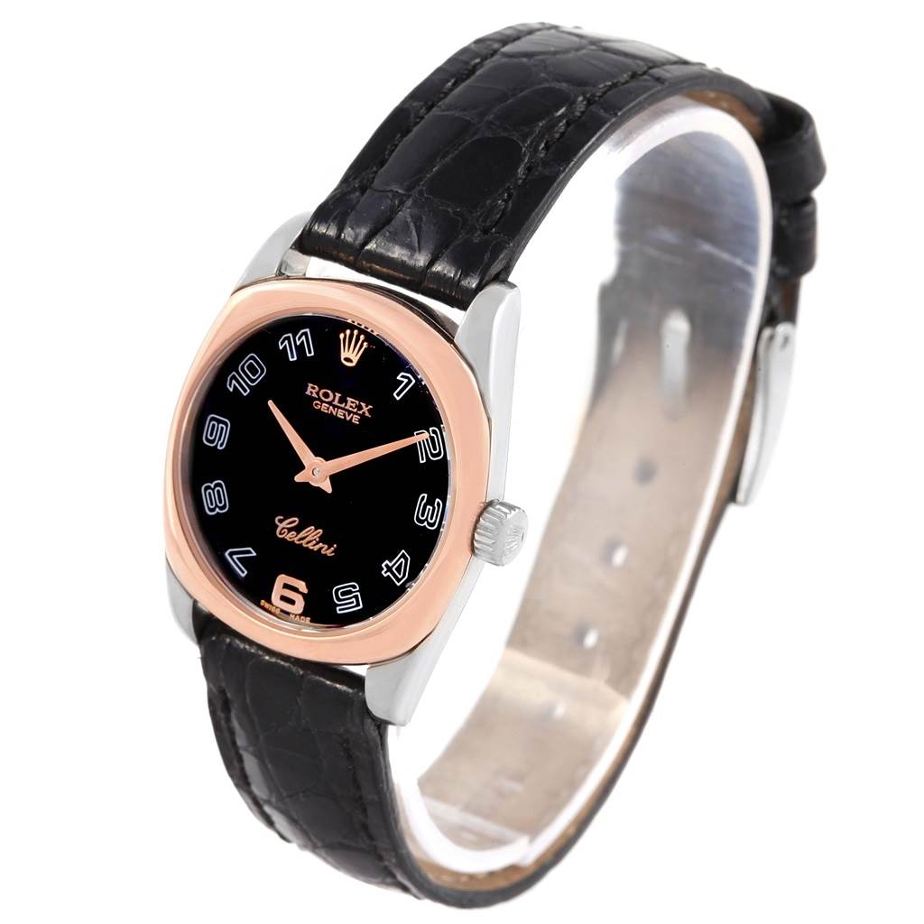 This image shows a Rolex Cellini 6229 Women's White Gold Black Dial 6229 Women's White Gold Black Dial watch at an angle showcasing the dial, case, and leather strap.