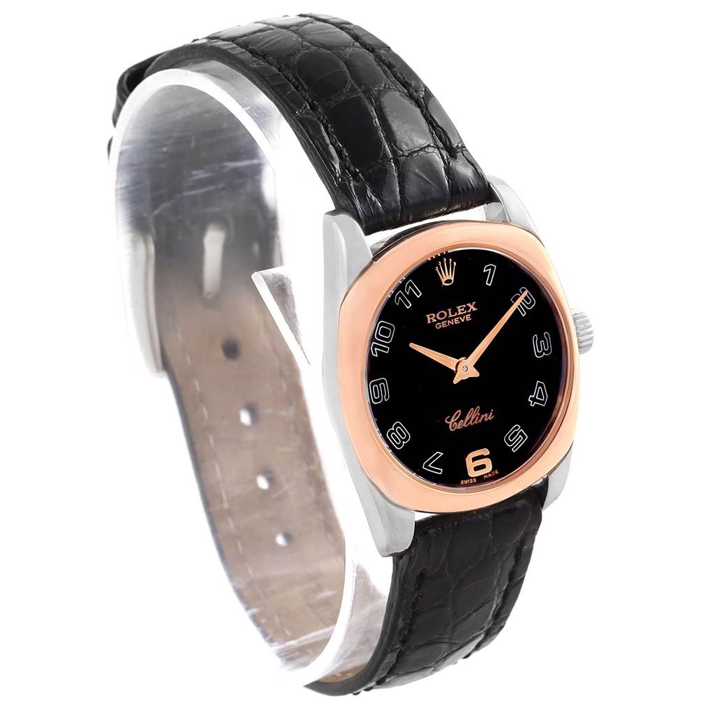 The image shows a Rolex Cellini 6229 Women's White Gold Black Dial 6229 Women's White Gold Black Dial watch at a 3/4 angle, displaying its black leather strap, round dial, and rose gold bezel.