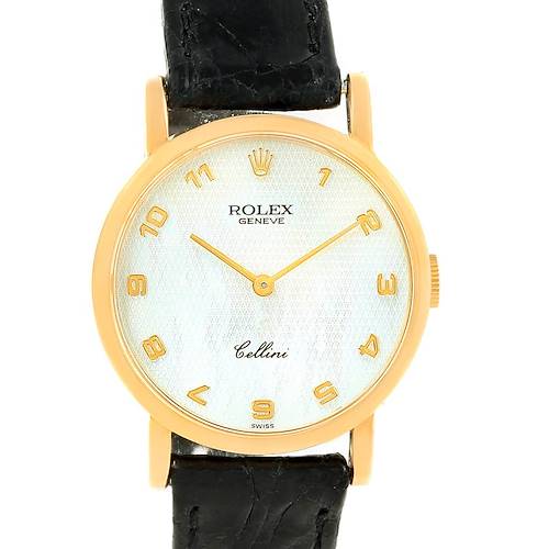 This image shows a front view of the Rolex Cellini 5109 Women's Yellow Gold Mother of Pearl Dial 5109 Women's Yellow Gold Mother of Pearl Dial watch, featuring its dial, case, and part of the black leather strap.