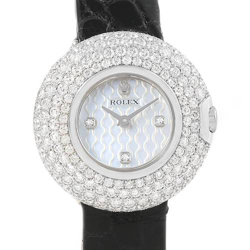 The image shows a close-up of the dial and diamond-encrusted bezel of the Rolex Cellini 6201 Women's White Gold Mother of Pearl Dial 6201 Women's White Gold Mother of Pearl Dial watch, with part of the black leather strap visible.