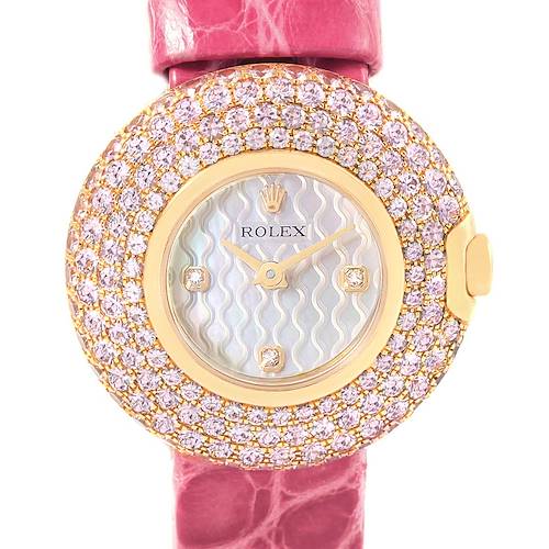 This image shows a front view of a Rolex Cellini 6201 Women's Yellow Gold Mother of Pearl Dial 6201 Women's Yellow Gold Mother of Pearl Dial watch featuring a diamond-studded bezel and a pink strap.