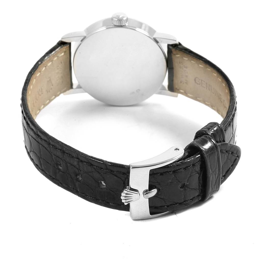 This image shows the back of a Rolex Cellini 6110 Women's White Gold Silver Dial 6110 Women's White Gold Silver Dial watch, highlighting the leather strap and buckle.