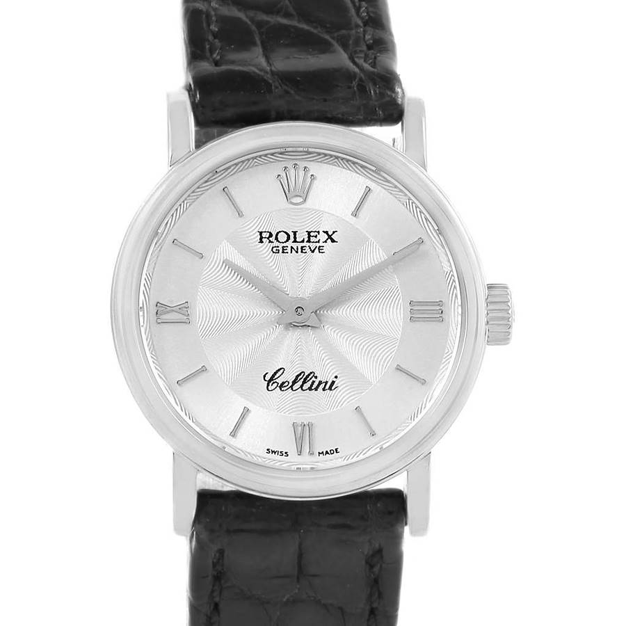 The Rolex Cellini 6110 Women's White Gold Silver Dial 6110 Women's White Gold Silver Dial watch is shown from the front, displaying the dial, bezel, crown, and leather strap.