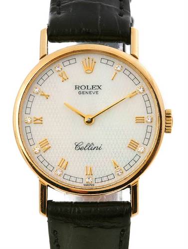 This image shows a front view of a Rolex Cellini 5109 Women's Yellow Gold Mother of Pearl Dial 5109 Women's Yellow Gold Mother of Pearl Dial watch, highlighting its face, bezel, and part of the black strap.