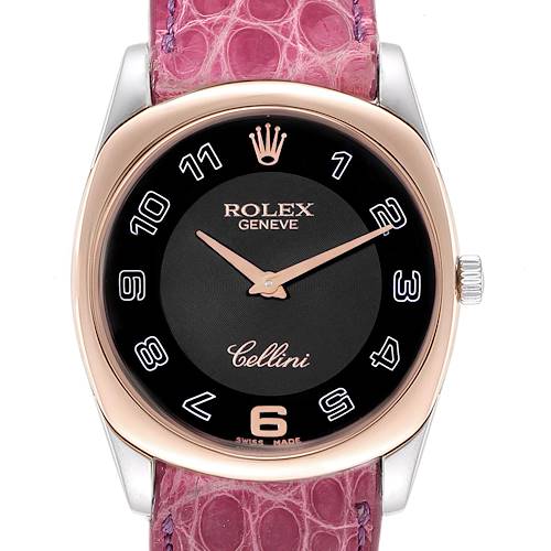 The image shows a front view of the Rolex Cellini 4233 Women's White Gold Black Dial 4233 Women's White Gold Black Dial watch, highlighting the face, bezel, and pink strap.