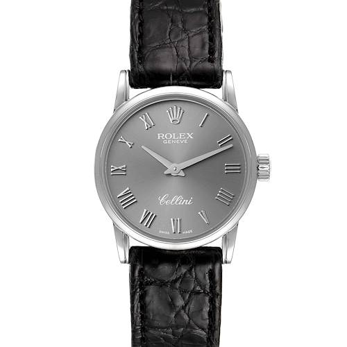 This image shows a front view of a Rolex Cellini 6111 Women's White Gold Grey Dial 6111 Women's White Gold Grey Dial watch with a black leather strap and a silver dial featuring Roman numerals.