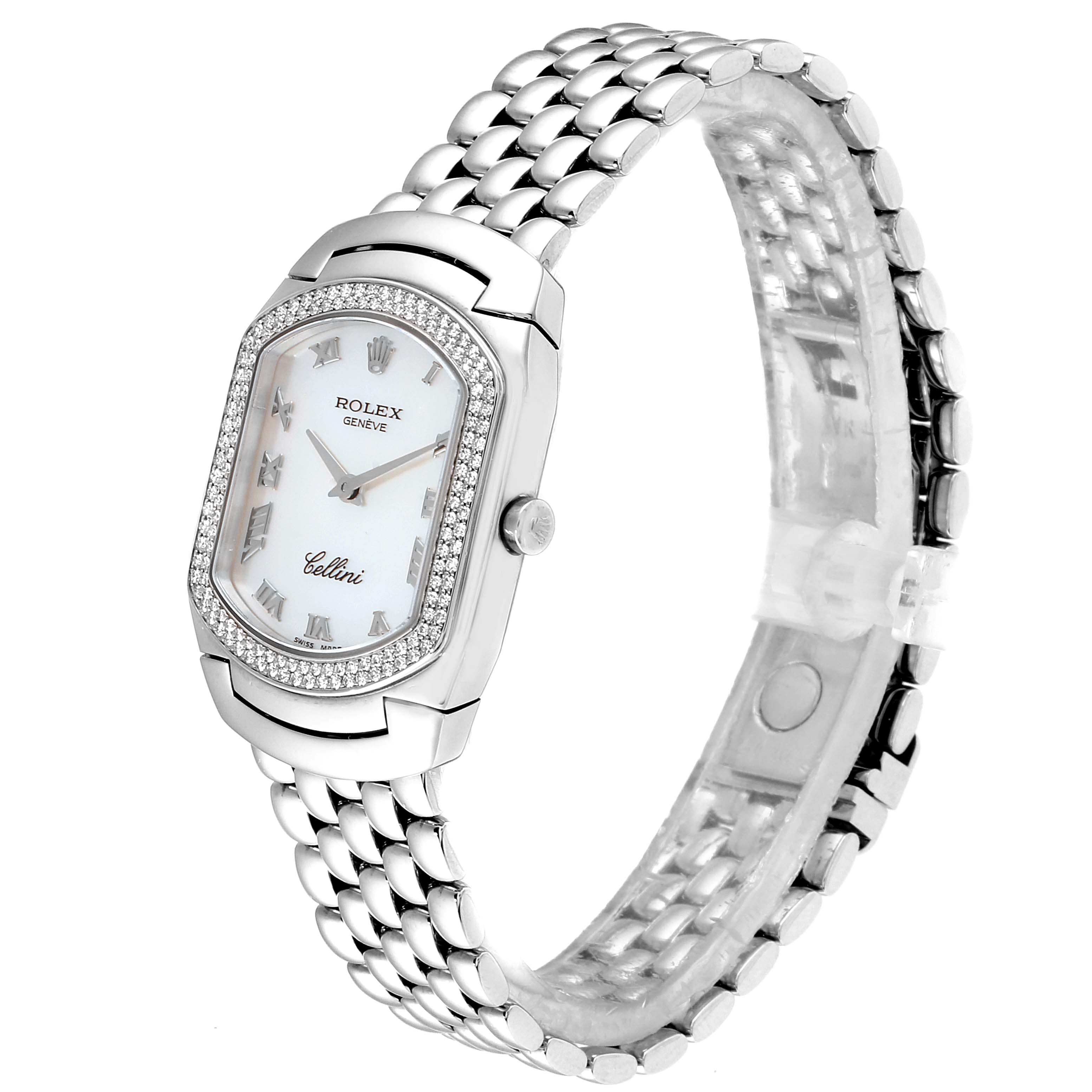 The image shows a Rolex Cellini 6691 Women's White Gold Mother of Pearl Dial 6691 Women's White Gold Mother of Pearl Dial watch at an oblique angle, highlighting its face, bezel, dial, and bracelet.