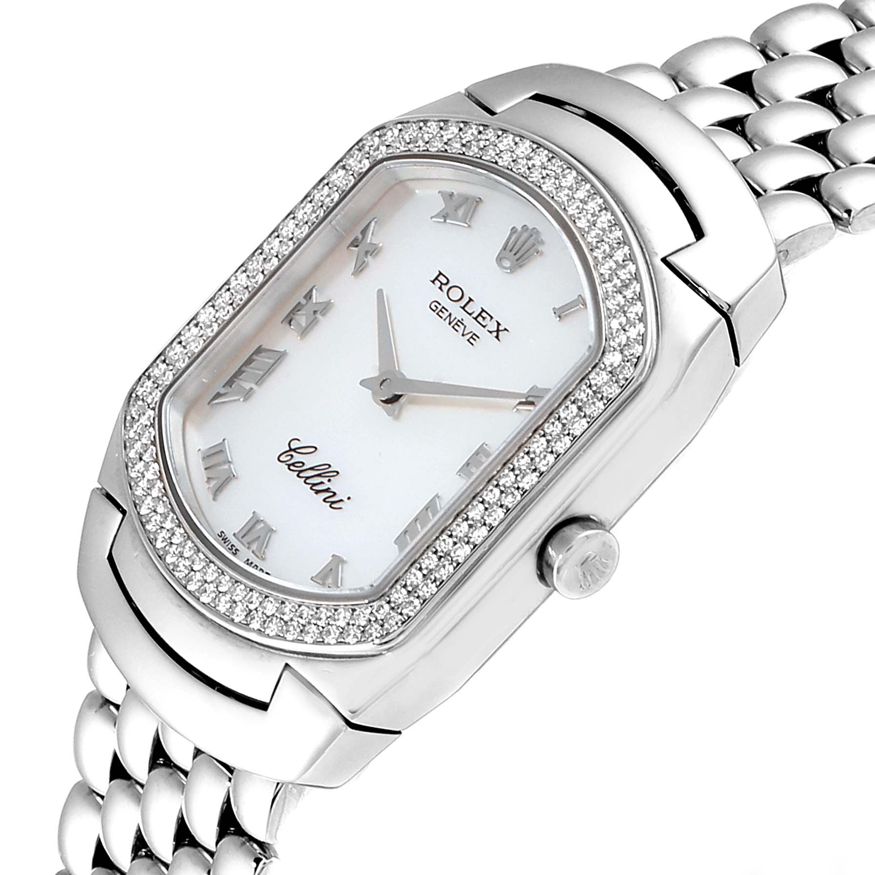 The image shows a close-up view of the Rolex Cellini 6691 Women's White Gold Mother of Pearl Dial 6691 Women's White Gold Mother of Pearl Dial watch, highlighting its bezel, dial, hands, and part of the bracelet.