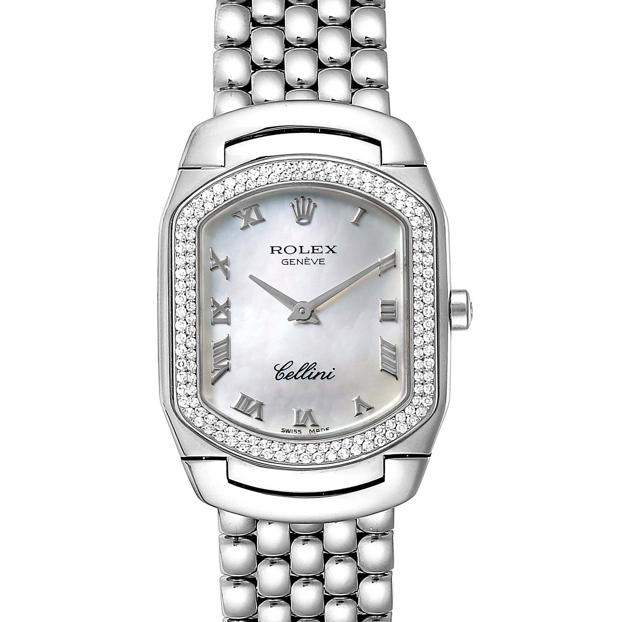 The image shows the front view of a Rolex Cellini 6691 Women's White Gold Mother of Pearl Dial 6691 Women's White Gold Mother of Pearl Dial watch displaying its face, bezel, and part of the bracelet.