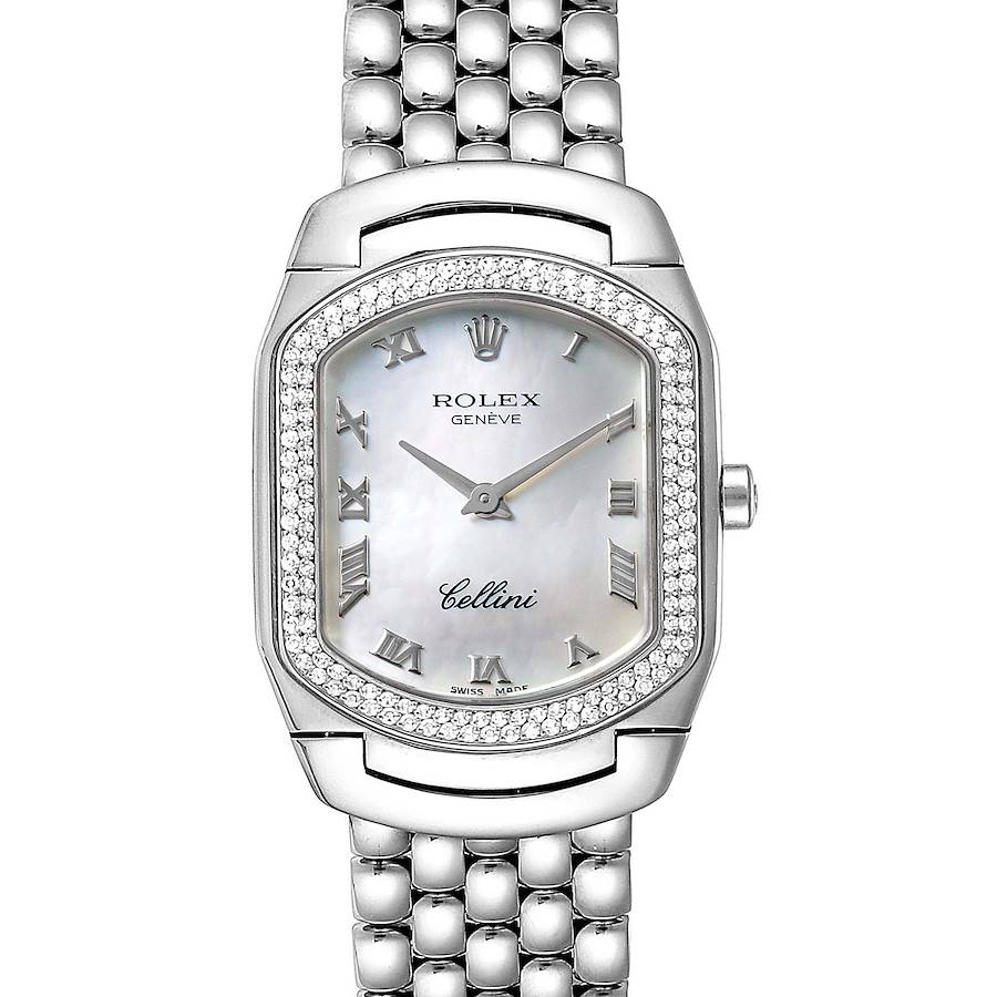 The image shows the front view of a Rolex Cellini 6691 Women's White Gold Mother of Pearl Dial 6691 Women's White Gold Mother of Pearl Dial watch displaying its face, bezel, and part of the bracelet.