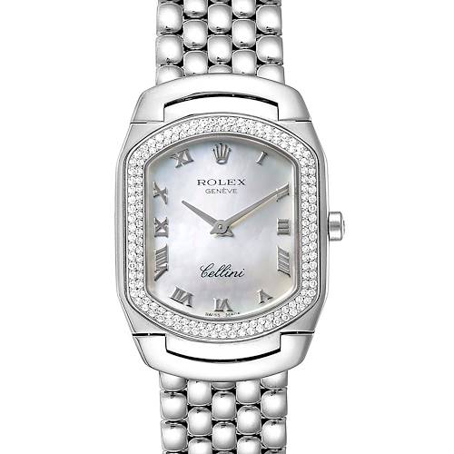 The image shows a close-up of the Rolex Cellini 6691 Women's White Gold Mother of Pearl Dial 6691 Women's White Gold Mother of Pearl Dial watch, highlighting its face, bezel, and part of the bracelet.