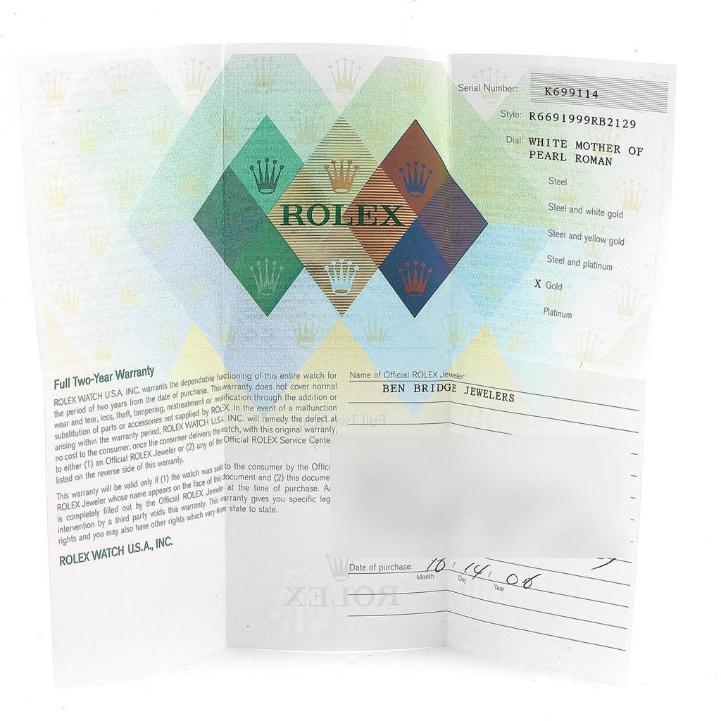 The image shows the official warranty card for a Rolex Cellini 6691 Women's White Gold Mother of Pearl Dial 6691 Women's White Gold Mother of Pearl Dial watch model.