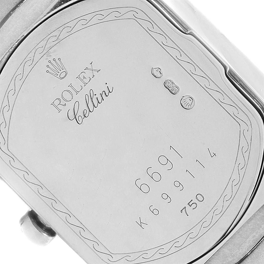 The image shows the back case of a Rolex Cellini 6691 Women's White Gold Mother of Pearl Dial 6691 Women's White Gold Mother of Pearl Dial watch with the model number and hallmark engravings.