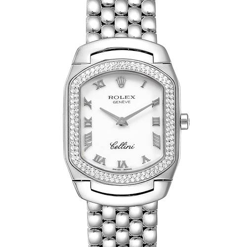 This image shows a frontal view of the Rolex Cellini 6691 Women's White Gold White Dial 6691 Women's White Gold White Dial model, highlighting the face, bezel, and bracelet.