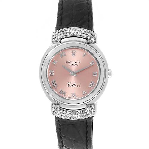 The image shows a front view of a Rolex Cellini 6672 Women's White Gold Pink Dial 6672 Women's White Gold Pink Dial watch with a pink dial, diamond bezel, and black leather strap.
