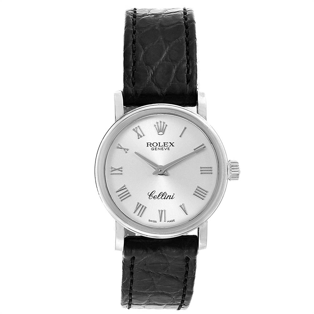 This image shows a frontal view of a Rolex Cellini 6110 Women's White Gold Silver Dial 6110 Women's White Gold Silver Dial watch displaying its face, dial, and black leather strap.