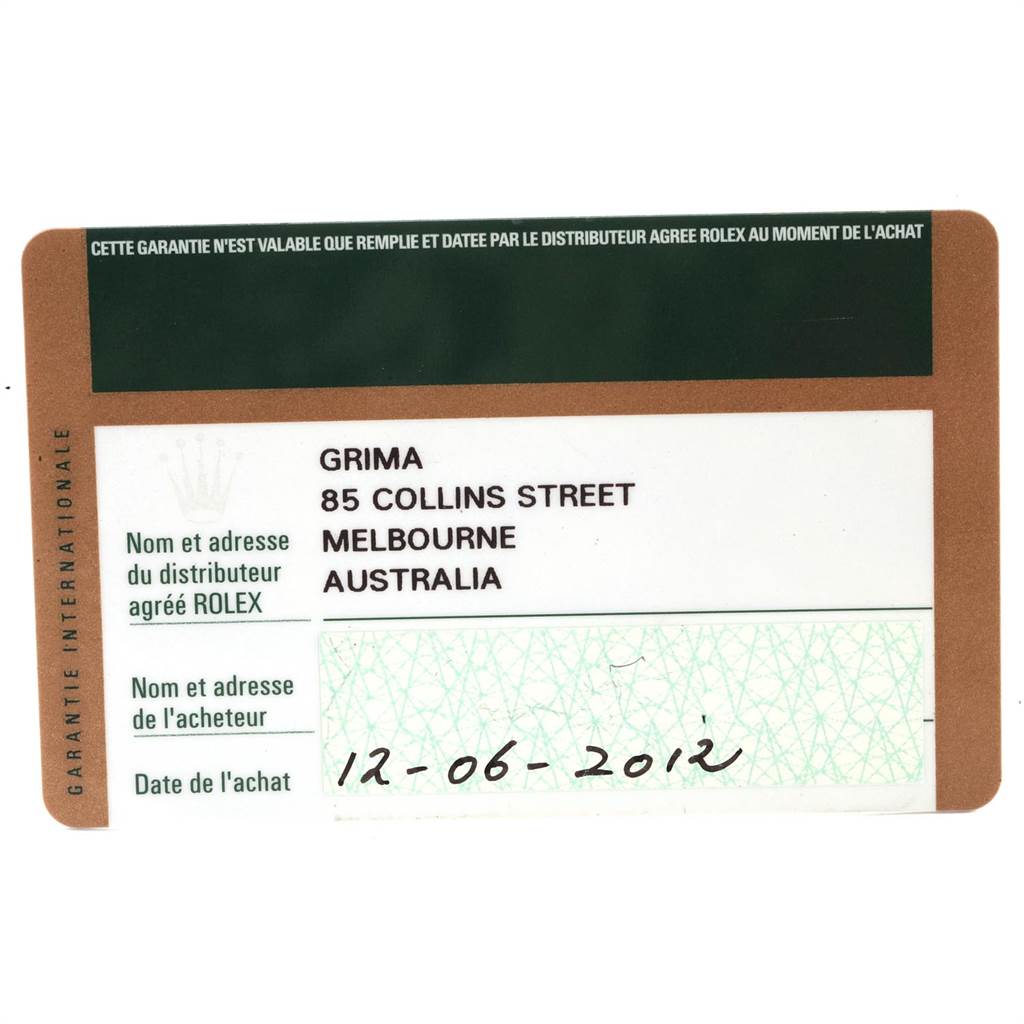 This image shows the warranty card for the Rolex Cellini 6110 Women's White Gold Silver Dial 6110 Women's White Gold Silver Dial watch, highlighting the distributor's details and the purchase date.