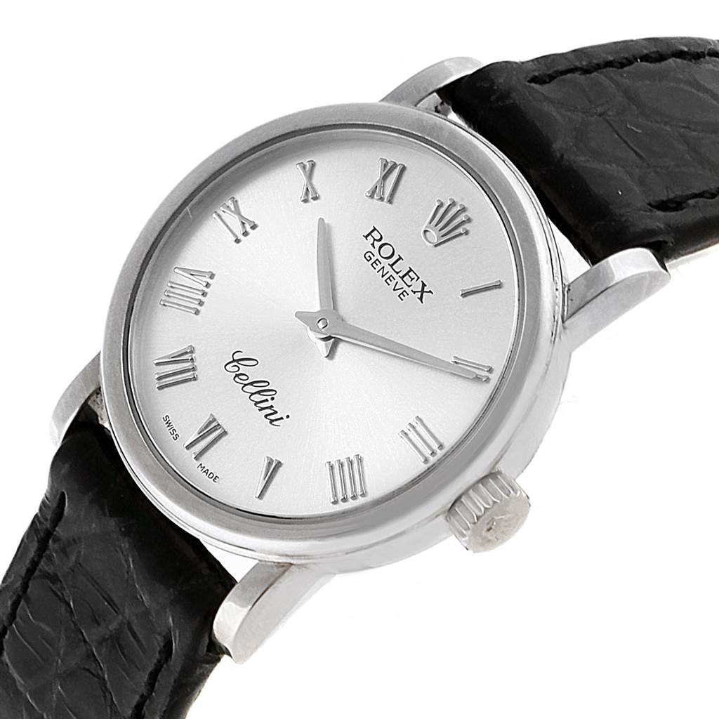 The image shows a Rolex Cellini 6110 Women's White Gold Silver Dial 6110 Women's White Gold Silver Dial watch from a front angle, displaying the dial, crown, and part of the leather strap.