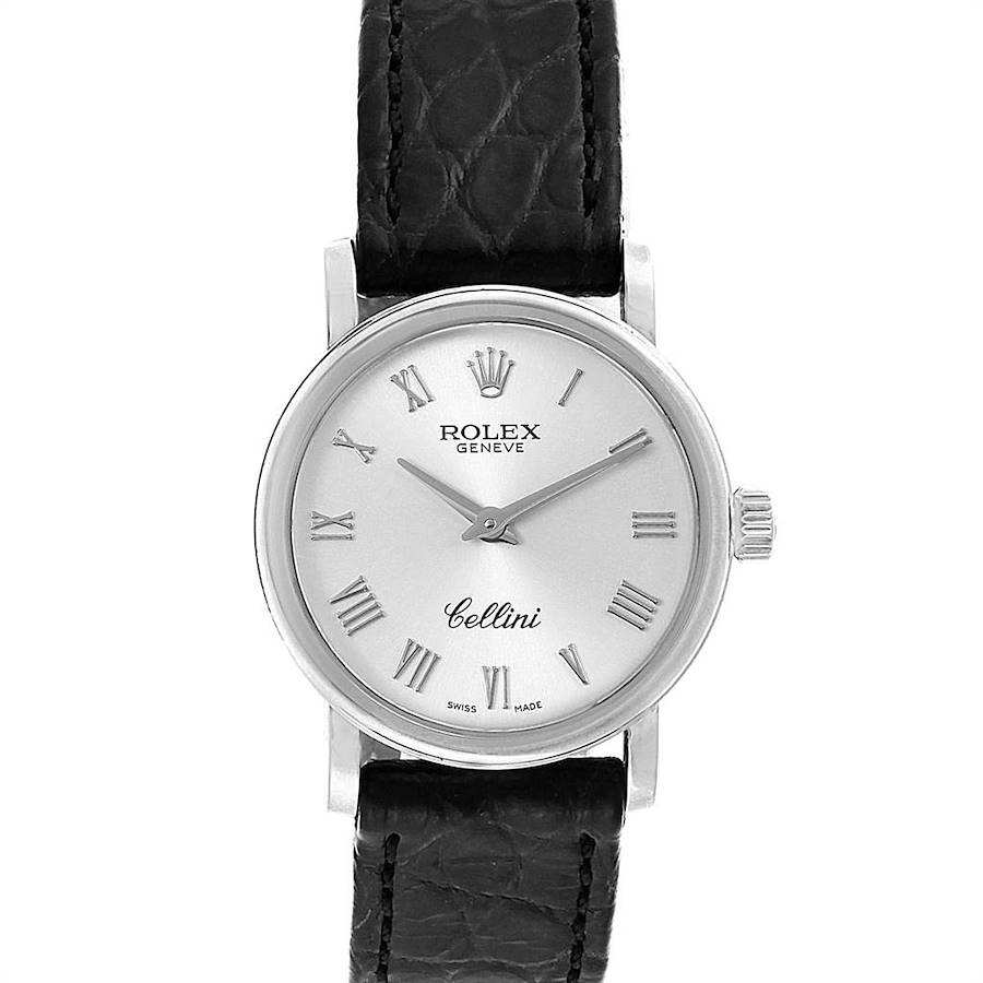 This image shows a head-on view of the Rolex Cellini 6110 Women's White Gold Silver Dial 6110 Women's White Gold Silver Dial watch, highlighting its dial, Roman numerals, hands, crown, and black leather strap.