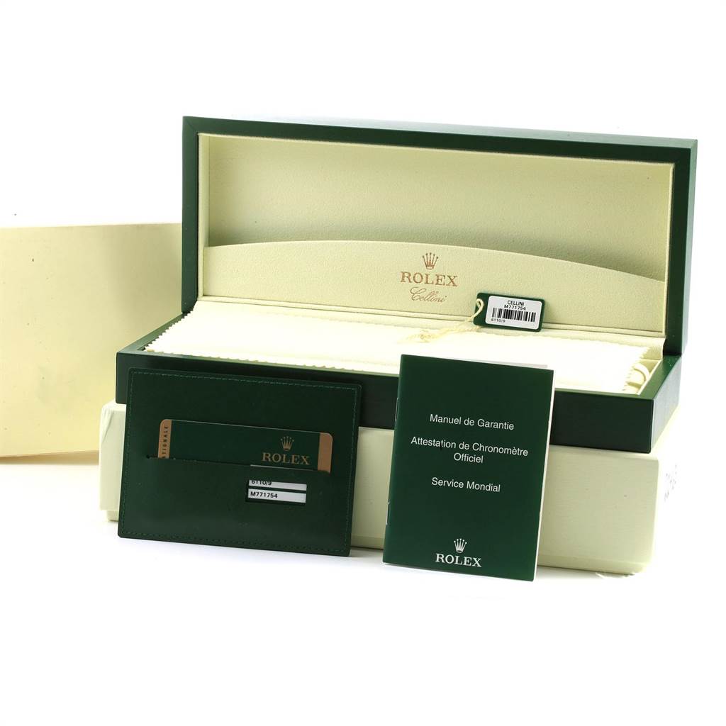 The image shows the open box and documentation accessories for a Rolex Cellini 6110 Women's White Gold Silver Dial 6110 Women's White Gold Silver Dial model watch.