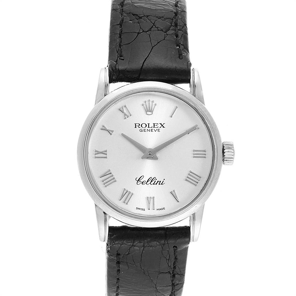 This image shows a front view of a Rolex Cellini 6111 Women's White Gold Silver Dial 6111 Women's White Gold Silver Dial watch, featuring a white dial, Roman numerals, and a black leather strap.