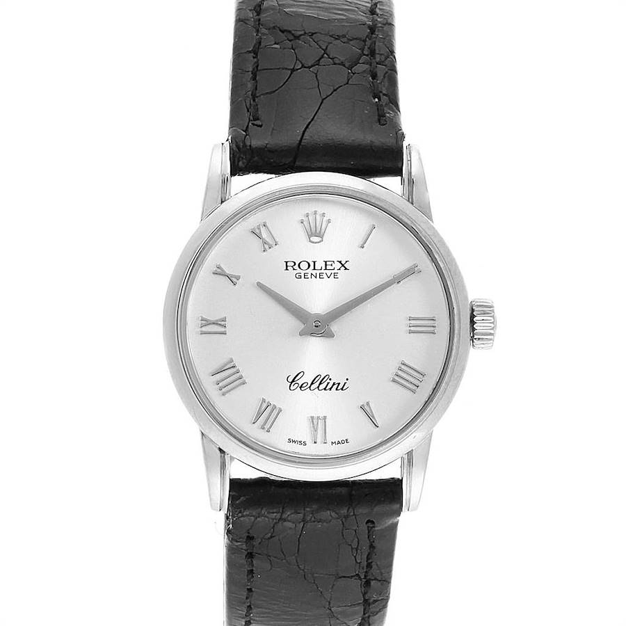 This image shows a front view of a Rolex Cellini 6111 Women's White Gold Silver Dial 6111 Women's White Gold Silver Dial watch, featuring a white dial, Roman numerals, and a black leather strap.