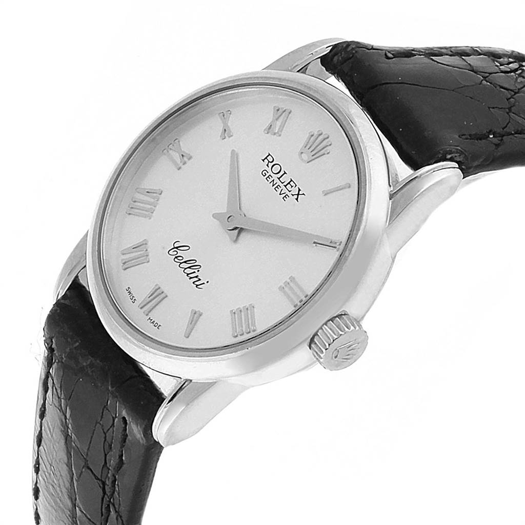 The image shows a Rolex Cellini 6111 Women's White Gold Silver Dial 6111 Women's White Gold Silver Dial watch at a three-quarter angle, displaying the face, crown, and part of the leather strap.