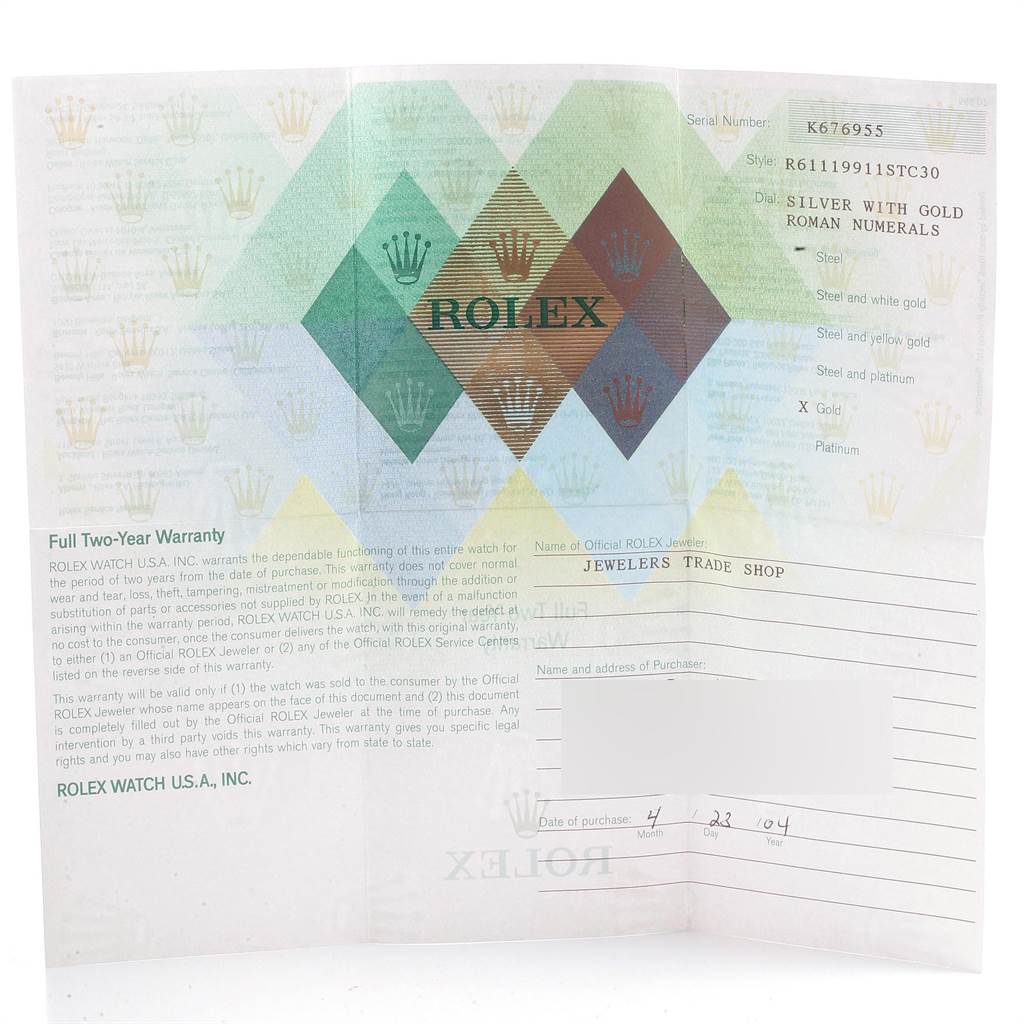 This is a warranty certificate for the Rolex Cellini 6111 Women's White Gold Silver Dial 6111 Women's White Gold Silver Dial model, showing details like serial number, style, and purchase date.