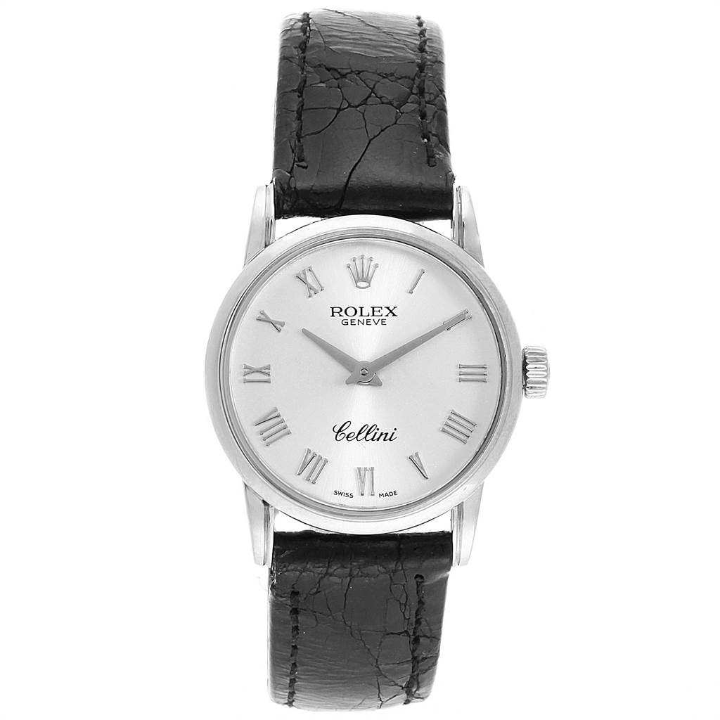 This Rolex Cellini 6111 Women's White Gold Silver Dial 6111 Women's White Gold Silver Dial watch is shown from the front, displaying the dial, hands, crown, and leather strap.