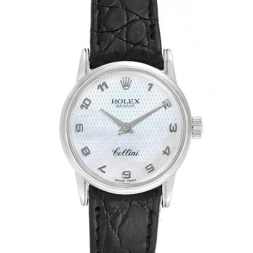 The image shows a front view of a Rolex Cellini 6111 Women's White Gold Mother of Pearl Dial 6111 Women's White Gold Mother of Pearl Dial watch, displaying its face, hour markers, hands, and leather strap.