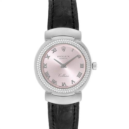 The image shows a front view of a Rolex Cellini 6671 Women's White Gold Pink Dial 6671 Women's White Gold Pink Dial watch, featuring a pink dial, Roman numerals, and a black leather strap.