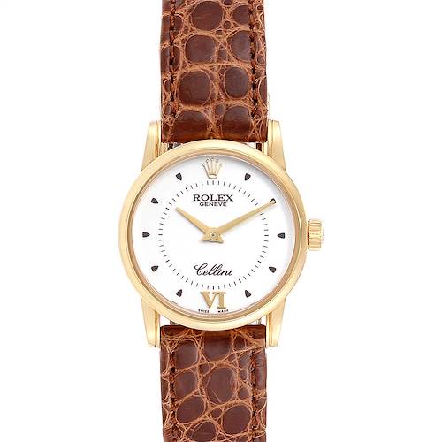 The Rolex Cellini 6111 Women's Yellow Gold Silver Dial 6111 Women's Yellow Gold Silver Dial model watch is shown from a front angle, displaying its dial, crown, and brown leather strap.