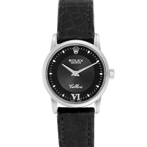 The image shows a front view of a Rolex Cellini 6111 Women's White Gold Black Dial 6111 Women's White Gold Black Dial watch, displaying its black dial, silver hands, and black leather strap.