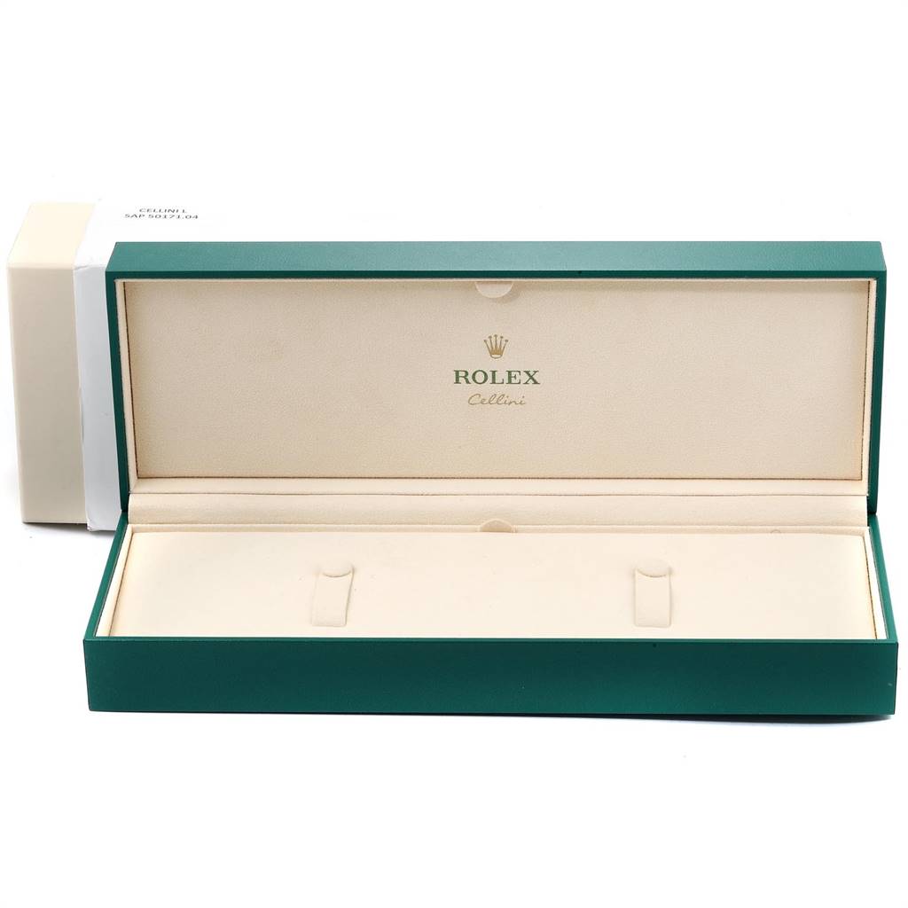 The image shows an open green Rolex Cellini 6673 Women's White Gold Silver Dial 6673 Women's White Gold Silver Dial watch box from a front angle, displaying the interior with slots for the watch.