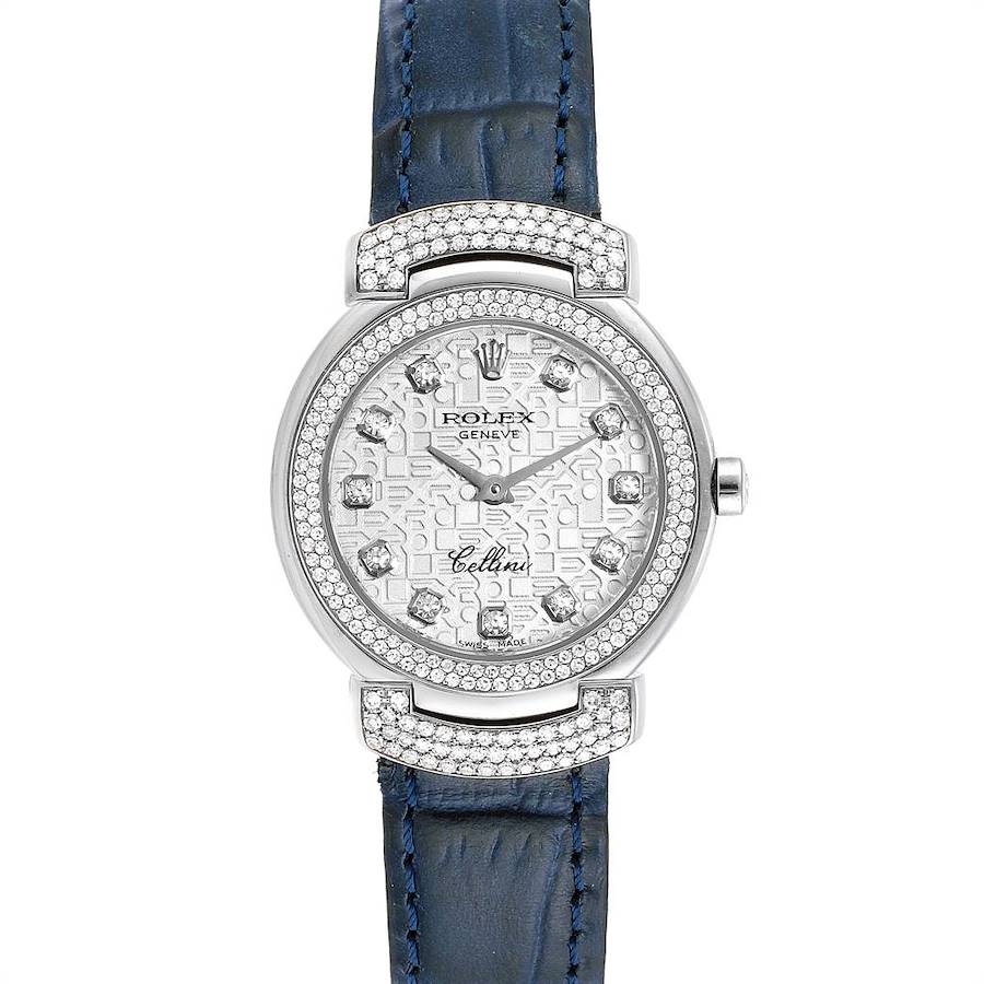 The image shows a front view of a Rolex Cellini 6673 Women's White Gold Silver Dial 6673 Women's White Gold Silver Dial watch, displaying its face, bezel, and leather strap.